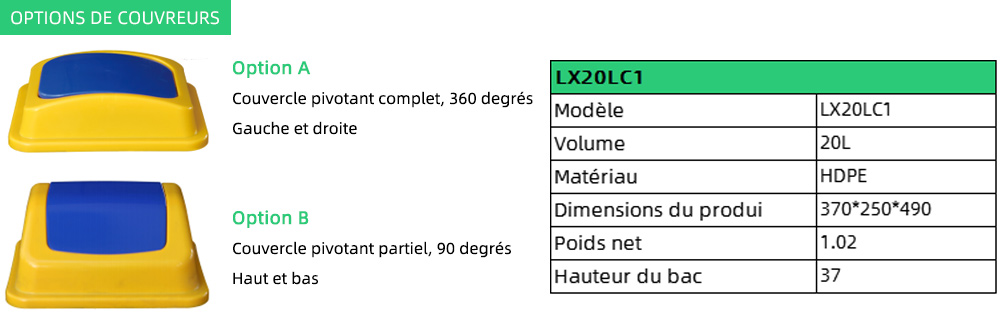 Poubelle carrée à couvercle bullet 20L