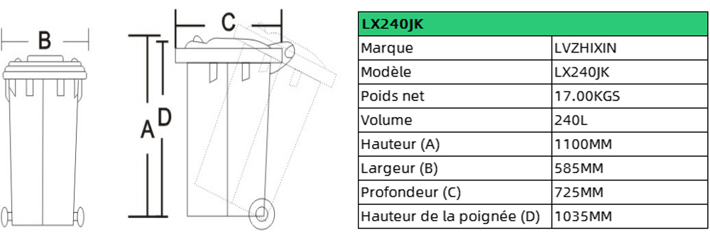 Poubelle à pédale en métal de 240L avec roues et attelage