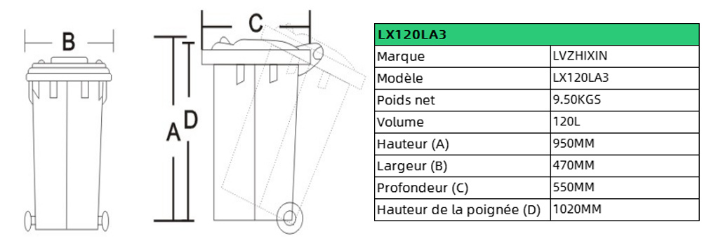 Conteneur à déchets de forte capacité de 120L