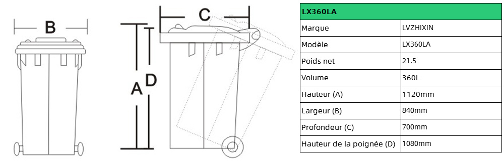 Poubelle en plastique de 360L pour centre commercial