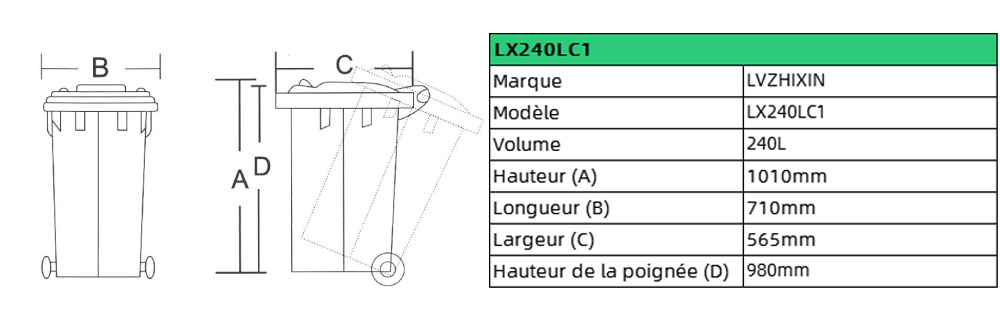 Poubelle en plastique standard de 240L