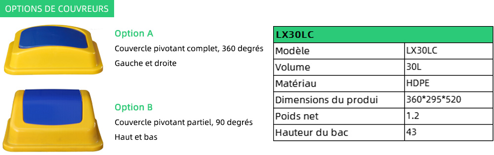 Paniers à ordures en plastique à couvercle basculant 30L